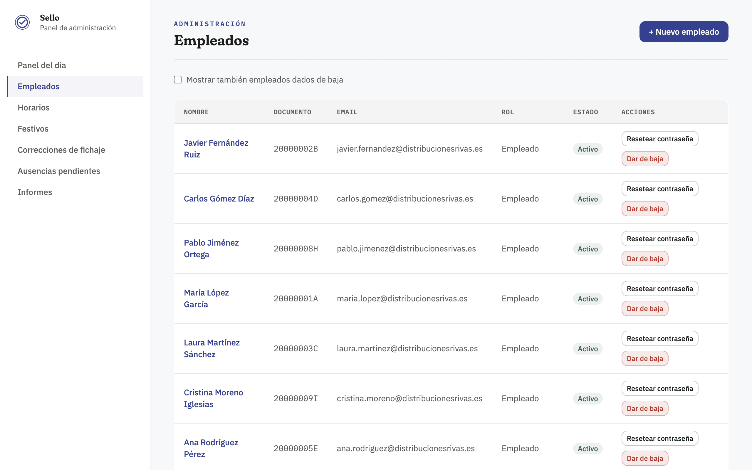 Listado de empleados en el panel de administración de Sello, con documento, email, rol, estado y acciones para restablecer contraseña o dar de baja.