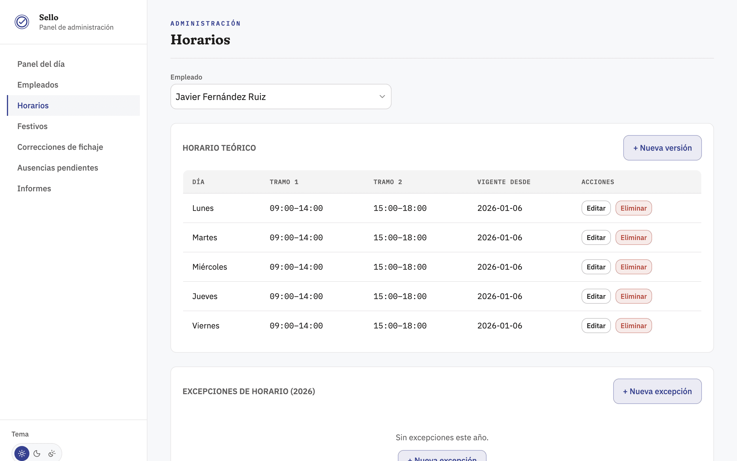 Editor de horario semanal de un empleado en Sello, con tramos horarios por día y gestión de excepciones.