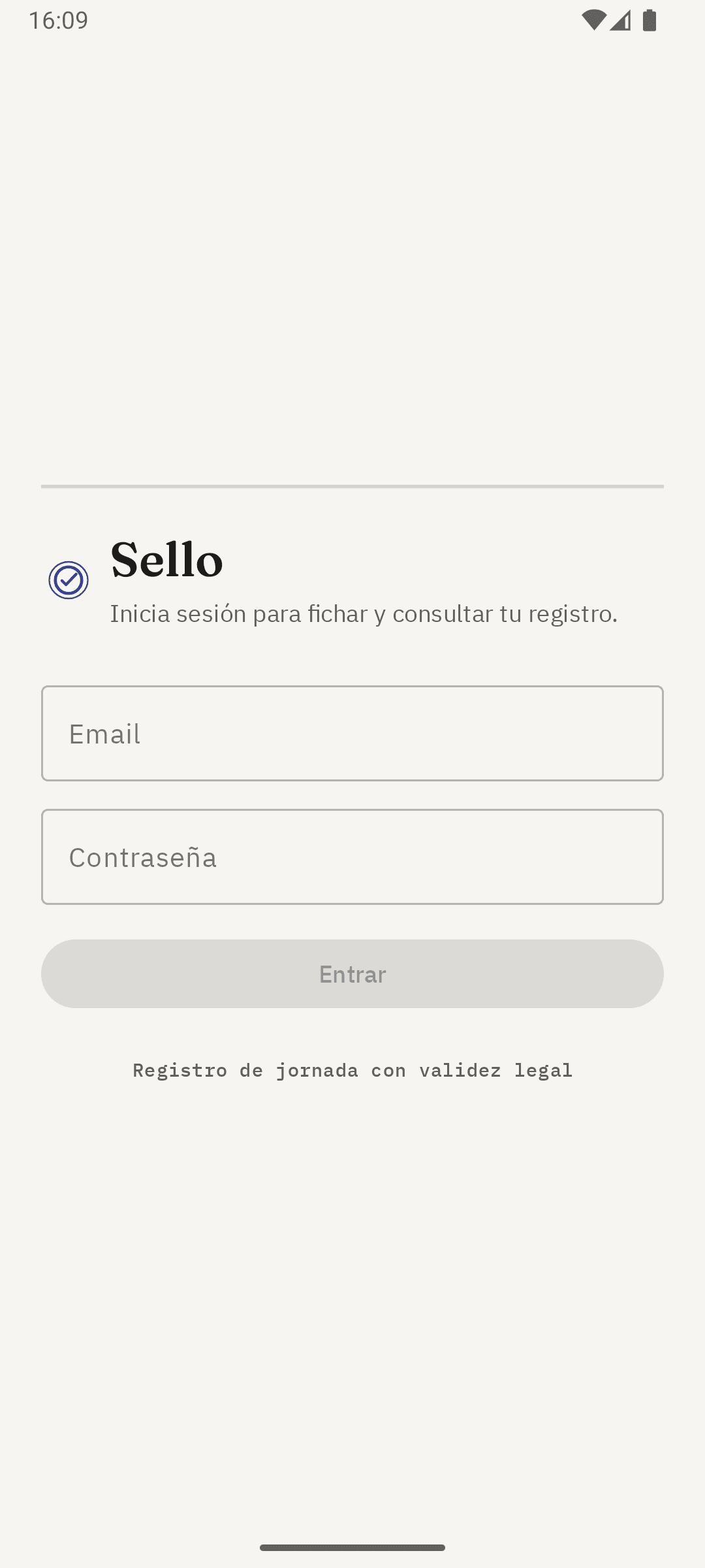 Pantalla de inicio de sesión de la aplicación Android de Sello.