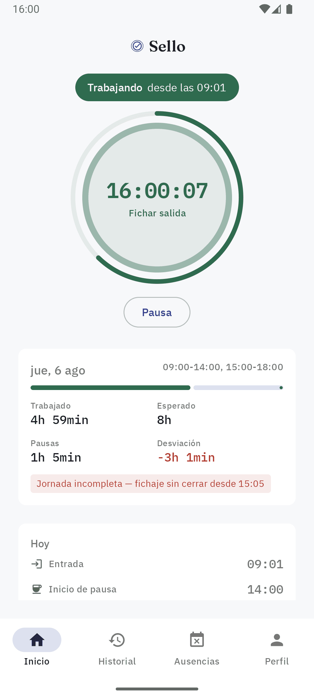 Pantalla principal de la app Android de Sello con el cronómetro de la jornada en curso y el botón para fichar la salida.