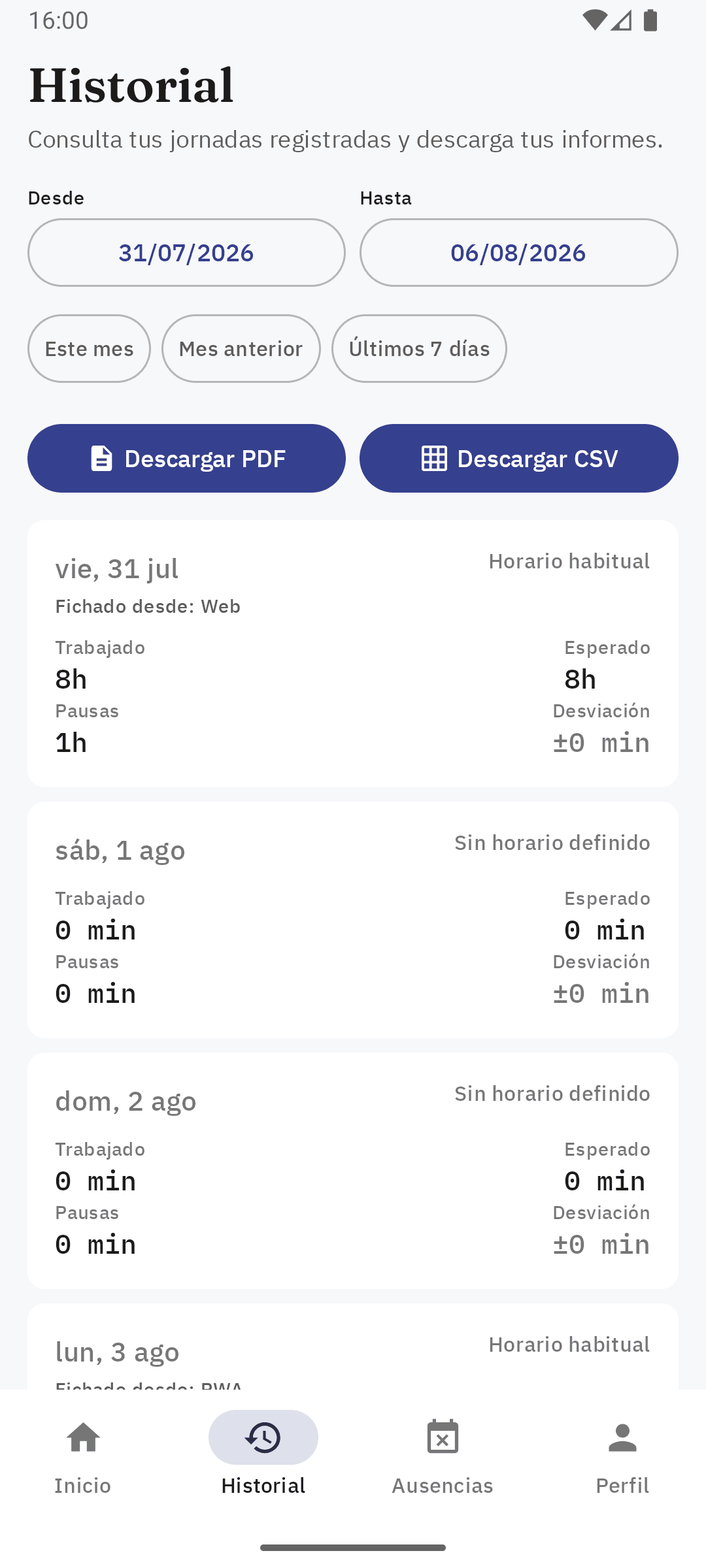 Historial de jornadas en la app Android de Sello, con el origen del fichaje y las horas trabajadas por día.