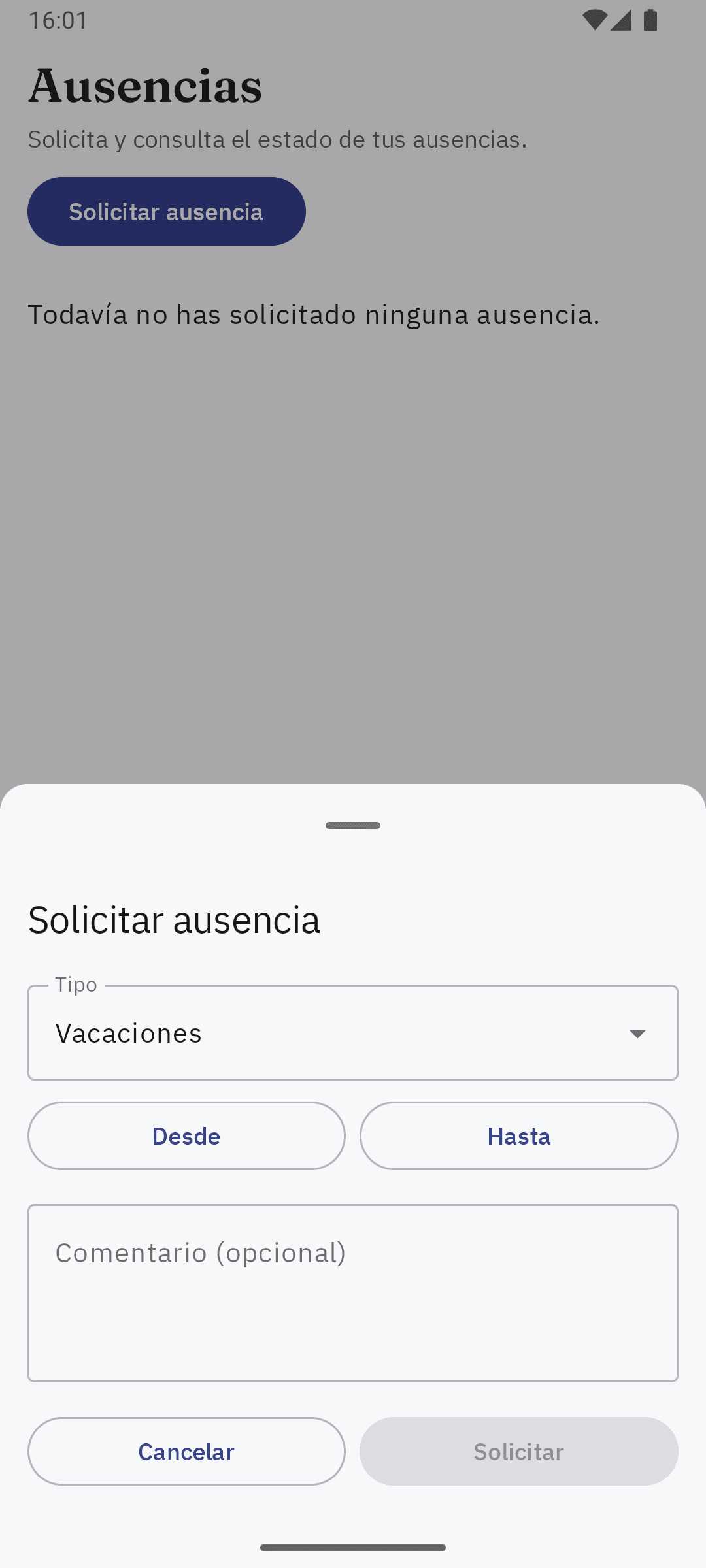 Formulario de solicitud de ausencia en la app Android de Sello.