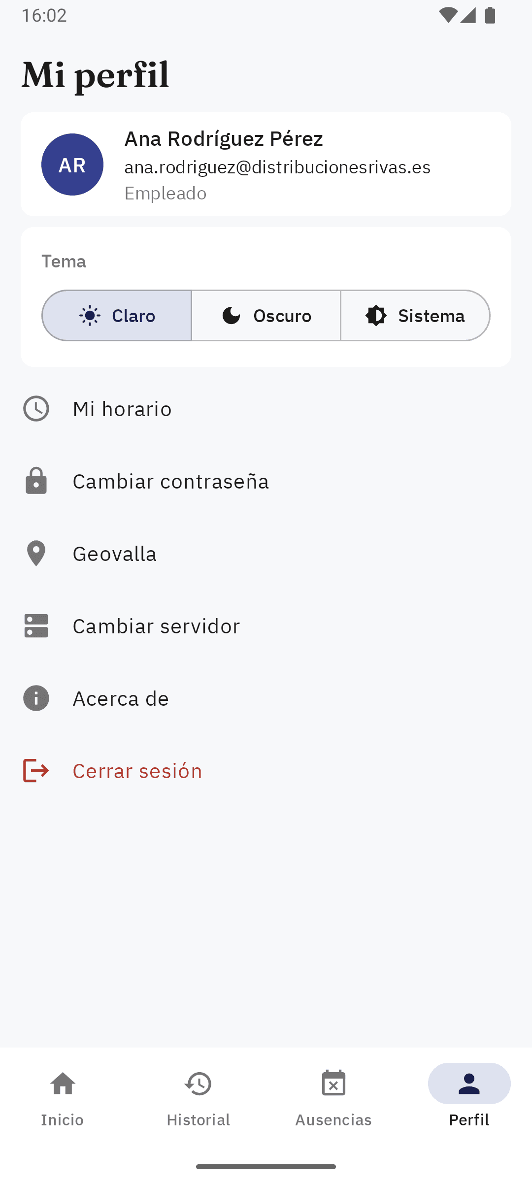 Pantalla de perfil en la app Android de Sello, con acceso a horario, contraseña y geovalla.