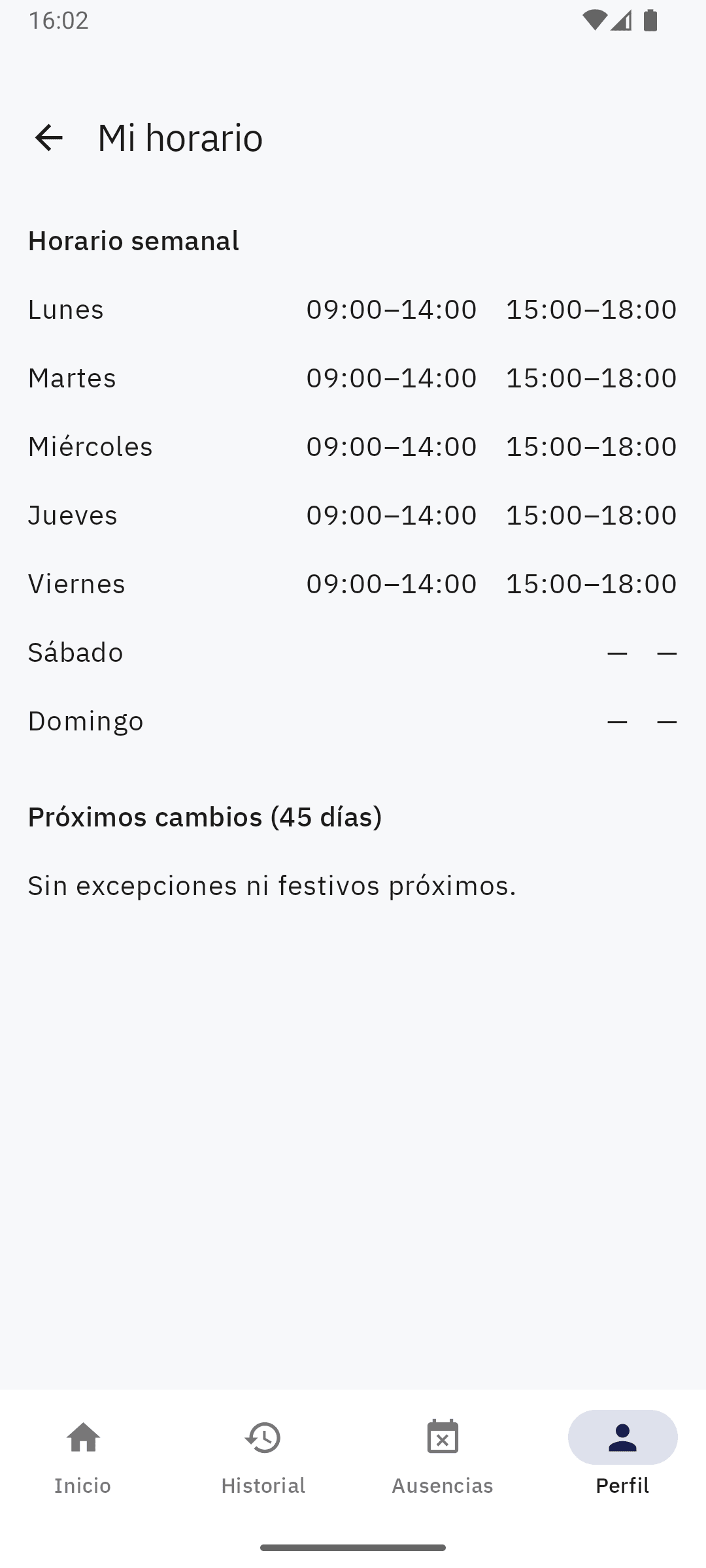 Vista del horario semanal del empleado en la app Android de Sello.