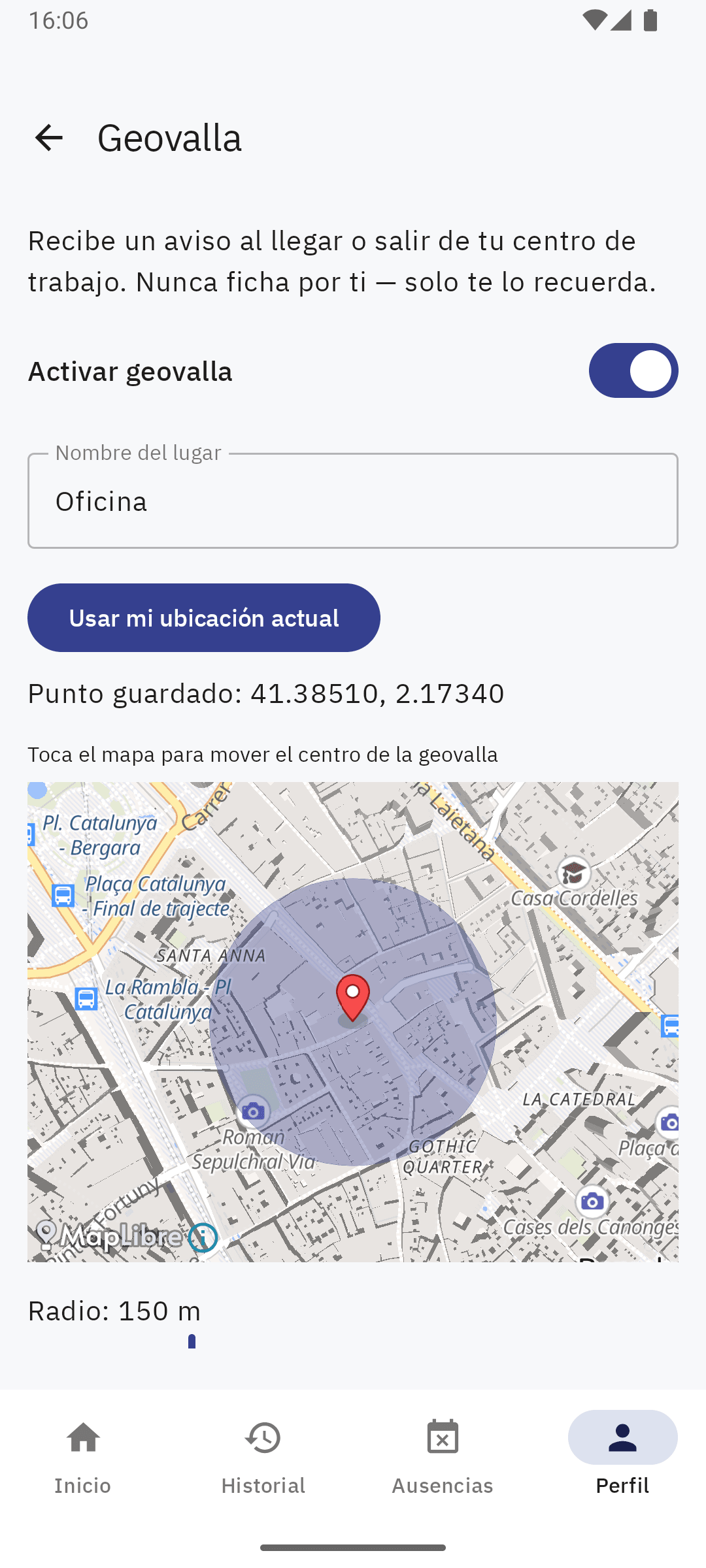 Pantalla de configuración de geovalla en la app Android de Sello, con el radio de aviso sobre un mapa.