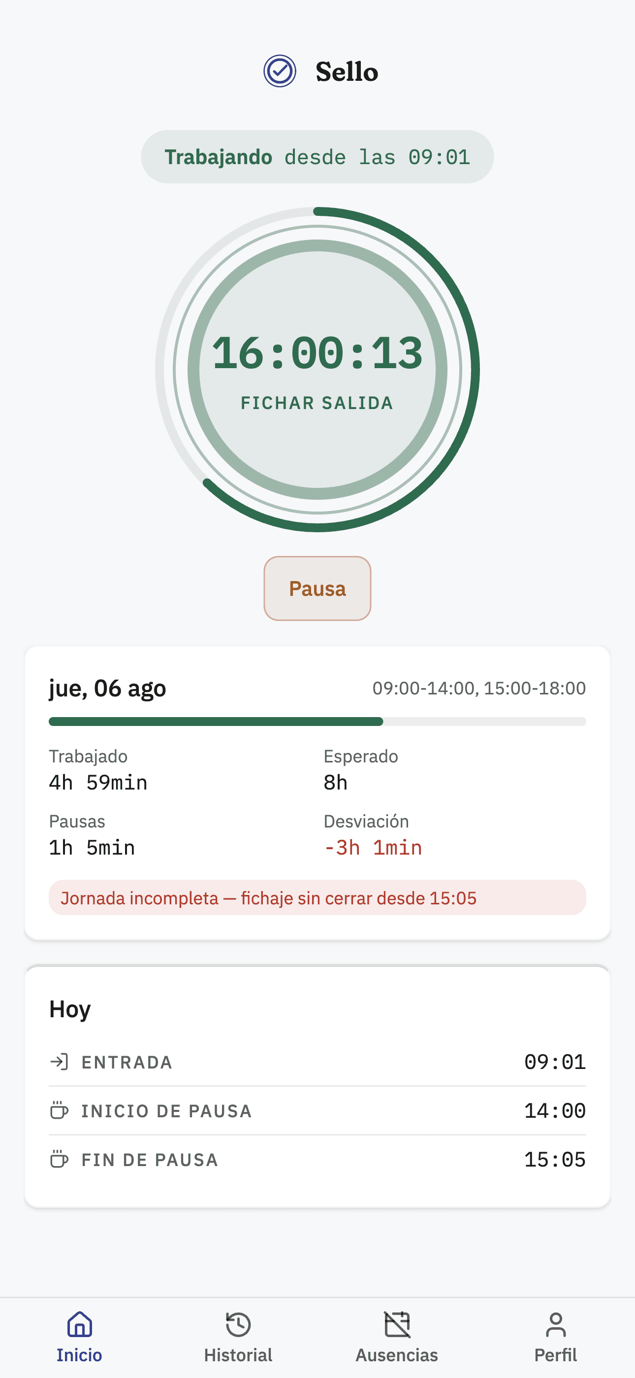 Vista del empleado en la web responsive de Sello, con el cronómetro de la jornada en curso y el botón para fichar la salida.