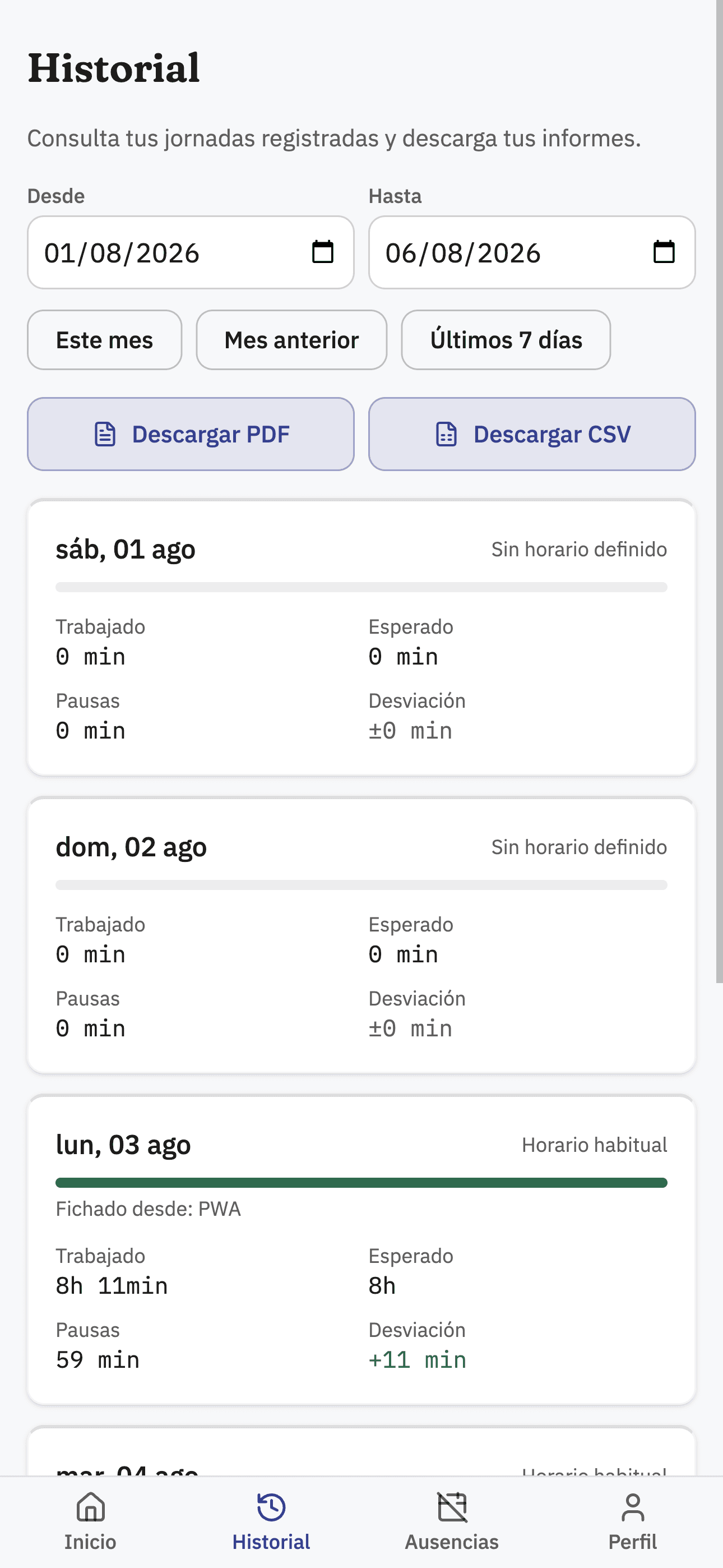 Historial de jornadas del empleado en la web responsive de Sello, con horas trabajadas y desviación por día.