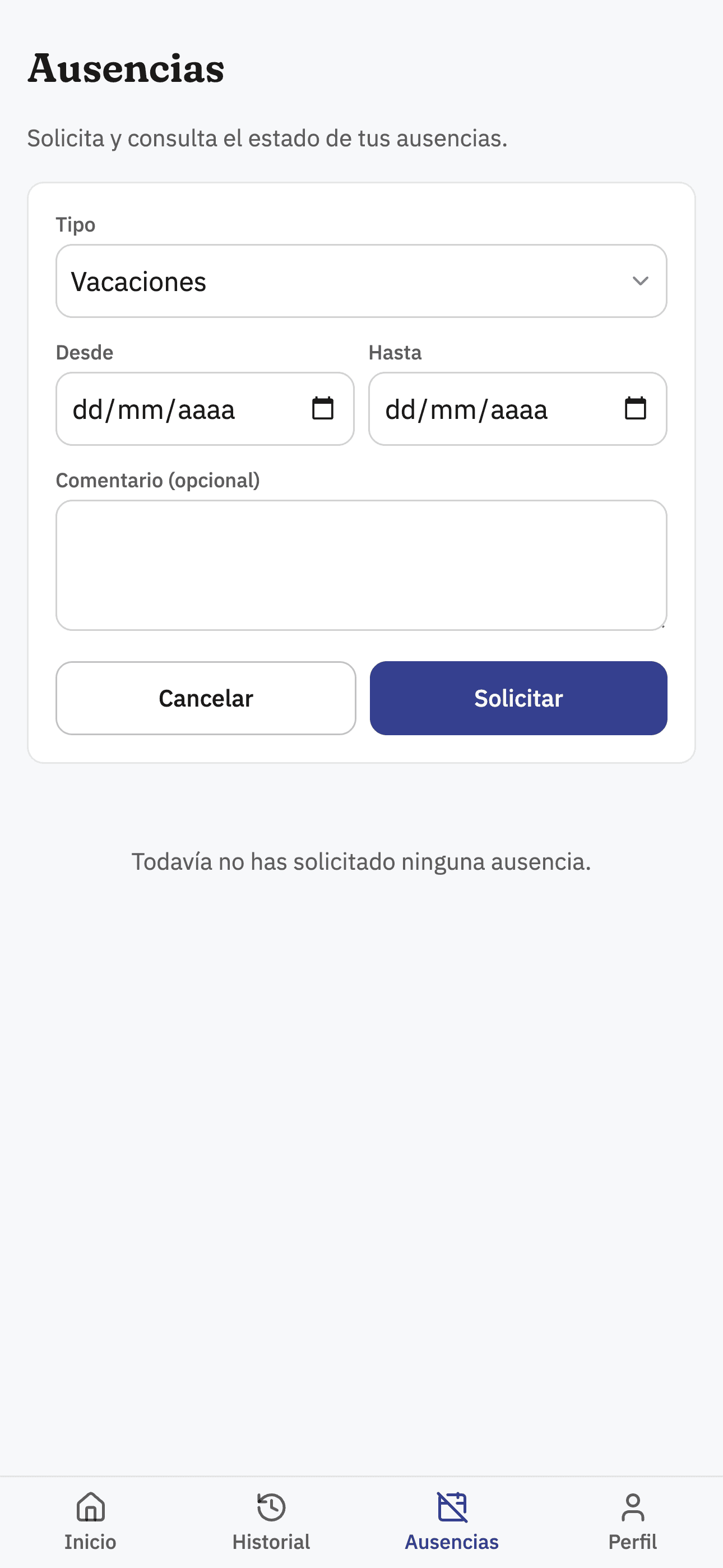 Formulario de solicitud de ausencia del empleado en la web responsive de Sello.