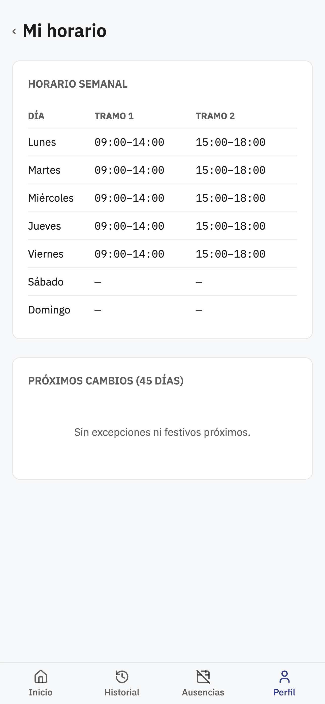 Vista del horario semanal del empleado en la web responsive de Sello.