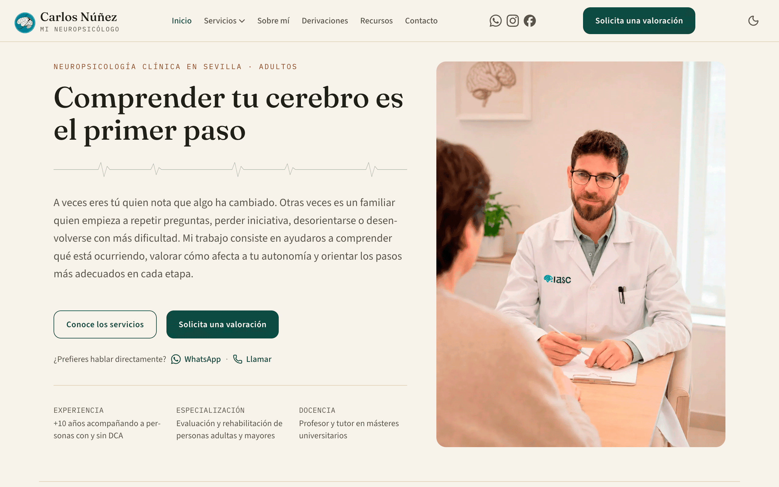 Captura de la página de inicio del sitio web de la consulta de neuropsicología