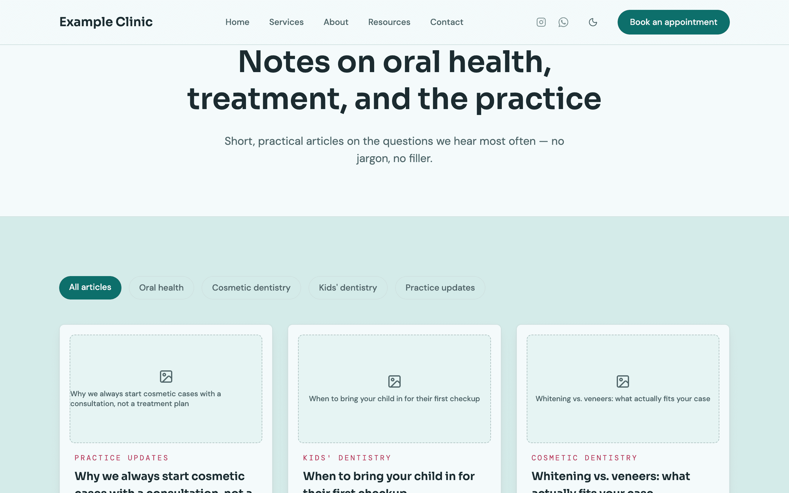 Página de blog del preset Odontología de Clarisan, con filtros de categoría y artículos