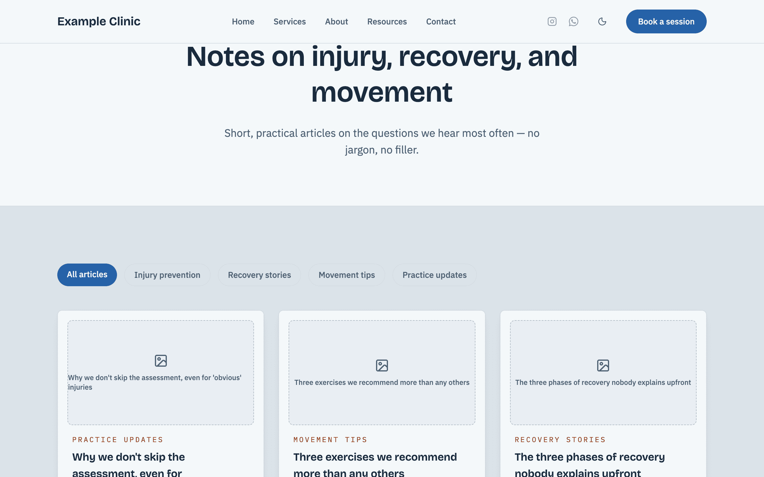 Página de blog del preset Fisioterapia de Clarisan, con filtros de categoría y artículos