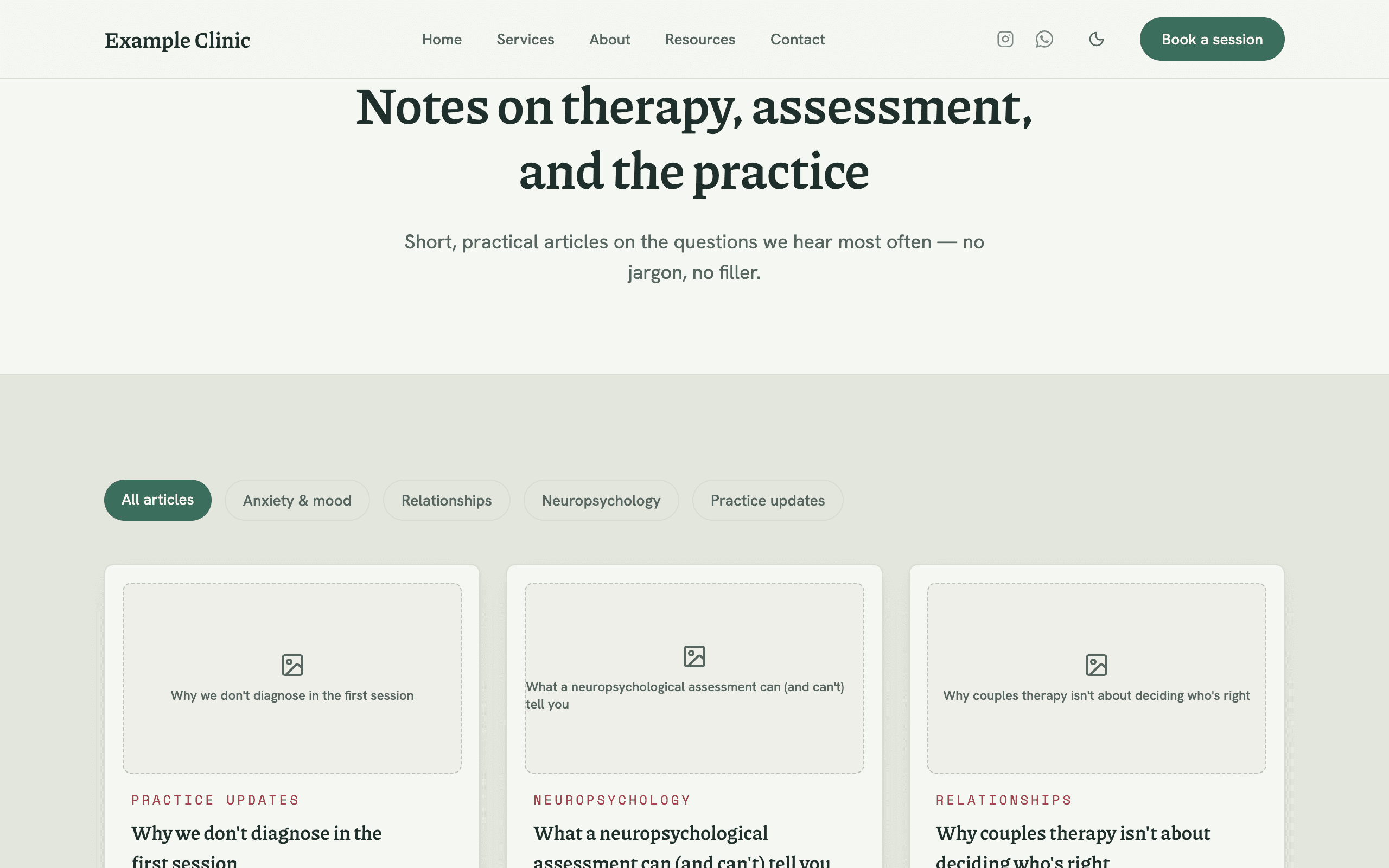 Página de blog del preset Psicología de Clarisan, con filtros de categoría y artículos