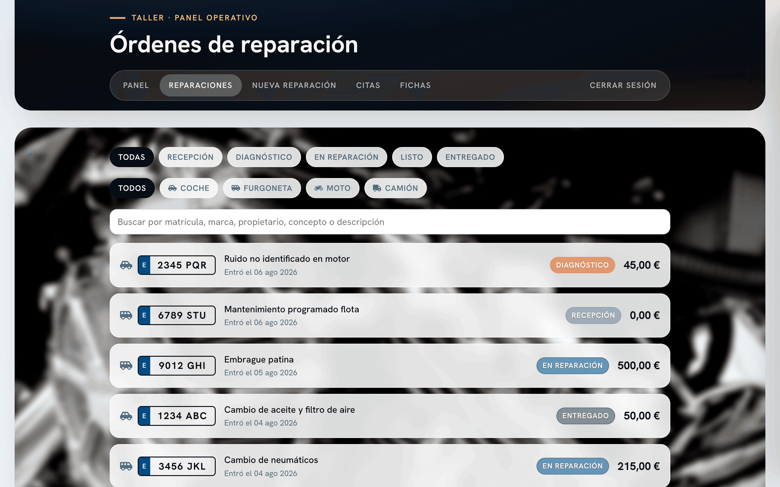Listado de órdenes de reparación con filtros de estado y búsqueda por matrícula