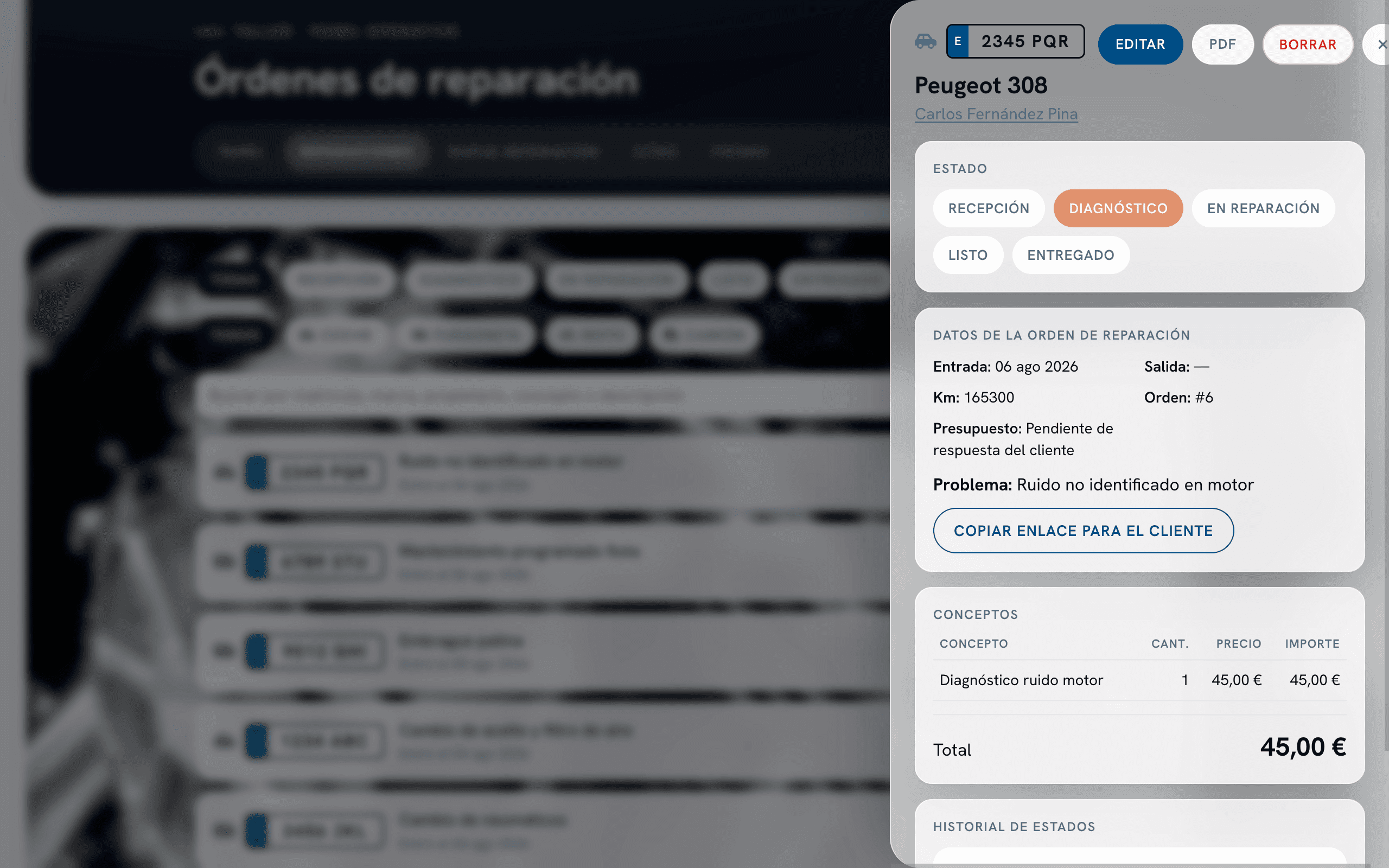 Panel de detalle de una orden de reparación con sus estados, conceptos y precio total