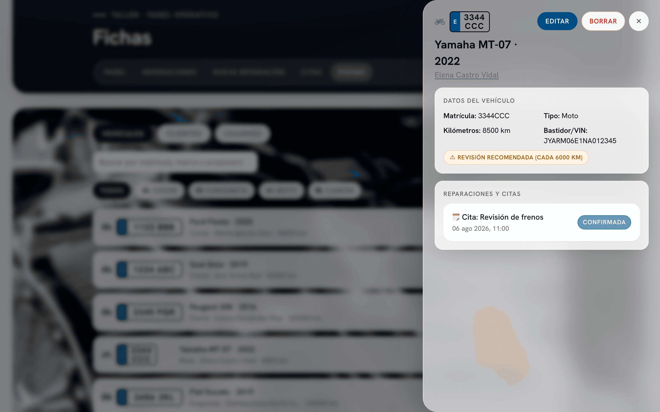 Ficha de un vehículo con sus datos técnicos y el historial de citas y reparaciones asociado